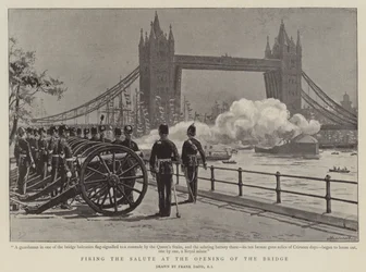 Het afvuren van het saluut bij de opening van de brug